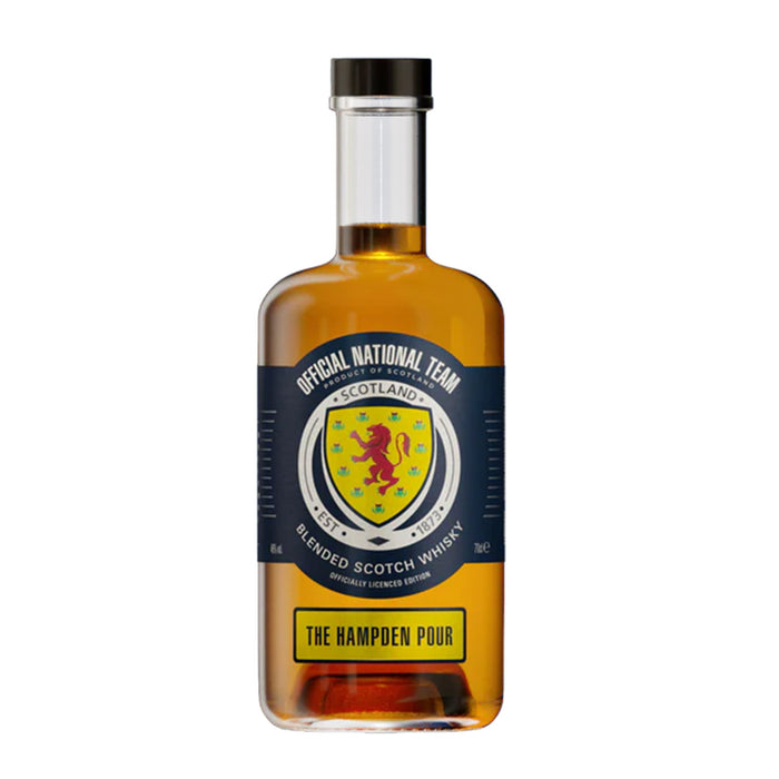 Bottle of Whisky with the official National Scotland football Team emblem and blue label. - Image
