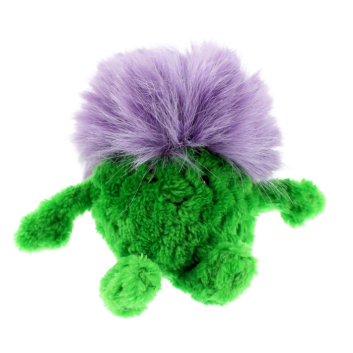 Green plush toy with a purple fuzzy top resembling a thistle on a white background - Image