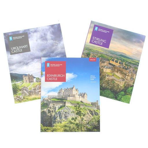 Three guidebooks featuring images of Urquhart Castle, Stirling Castle, and Edinburgh Castle on a white background. - Image