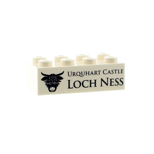 Decorative sign with 'Urquhart Castle Loch Ness' text and highland cow logo on a white background - Image