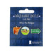 Packaging of Urquhart Castle Loch Ness mini pin badges with a highland cow, loch scene, and green arrow. - Image