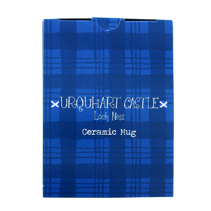 Blue plaid packaging for Urquhart Castle Loch Ness ceramic mug on a white background - Image