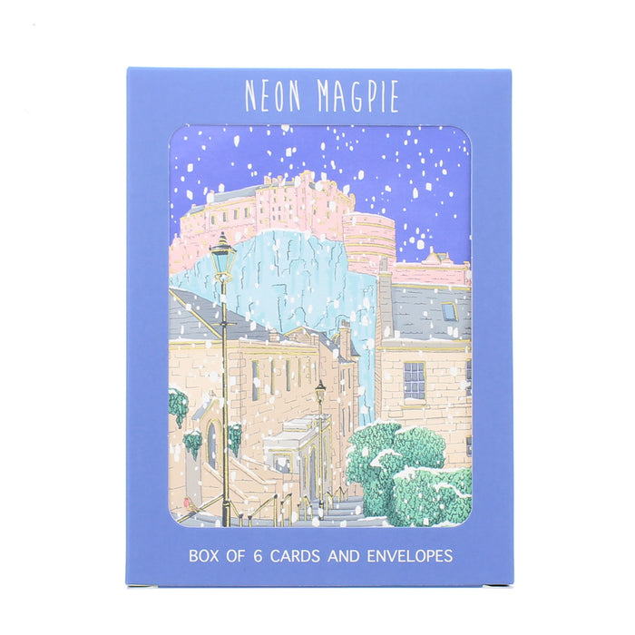 Neon Magpie card packaging with a snowy Vennel Street illustration on a blue background - Image