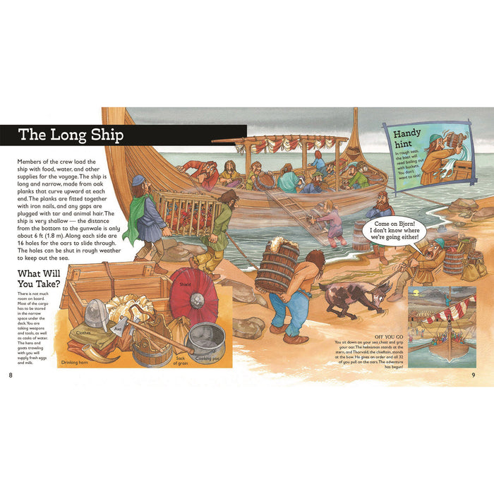 Illustrated page from a book about the Long Ship with people around a Viking ship. - Image