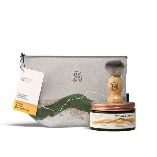 Whisky & Honey shaving products along with a mountain printed linen wash bag - Image