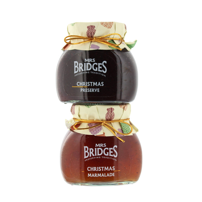Two jars of Mrs. Bridges Christmas Preserve stacked vertically on a white background. - Image