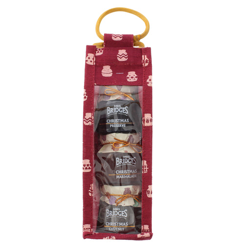 A packaged set of three Mrs Bridges Christmas Preserves presented in a burgundy fabric pouch with a yellow carrying loop. - Image