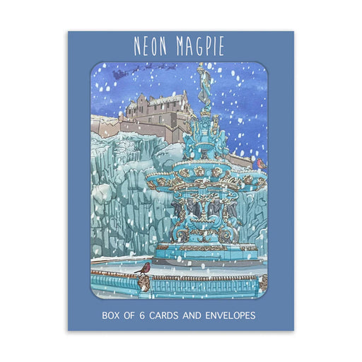 Pack of 6 Christmas cards with gold foil depicting the Ross Fountain in Edinburgh.  - Image