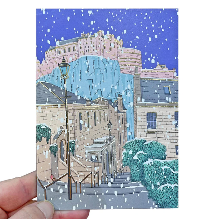 Christmas card with gold foil depicting the Vennel Steps in Edinburgh - Image