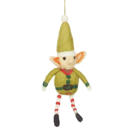 Felted wool elf ornament with green hat and sweater on a white background - Image