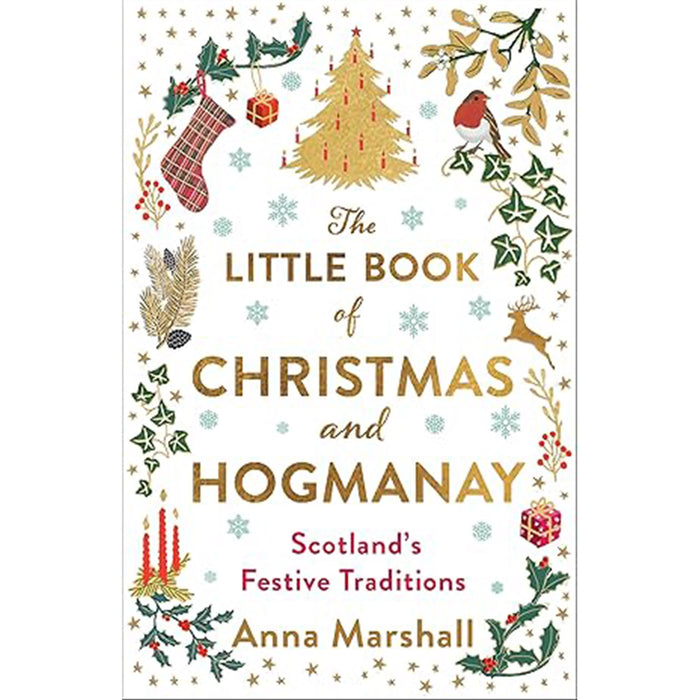 Book cover of 'The Little Book of Christmas and Hogmanay' with festive illustrations on a white background. - Image