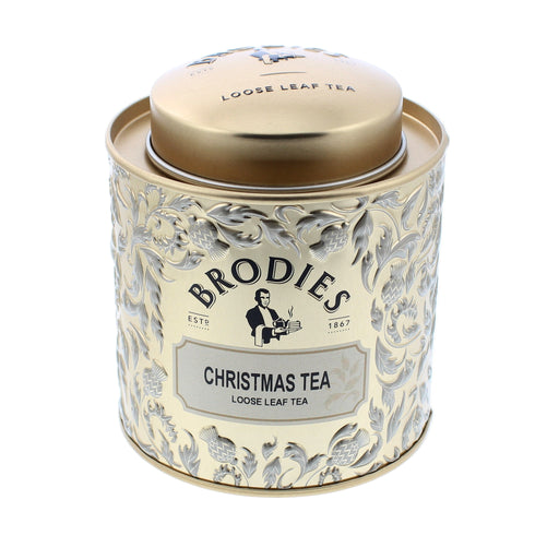 Decorative Christmas tea canister with 'Brodies' branding on a white background - Image