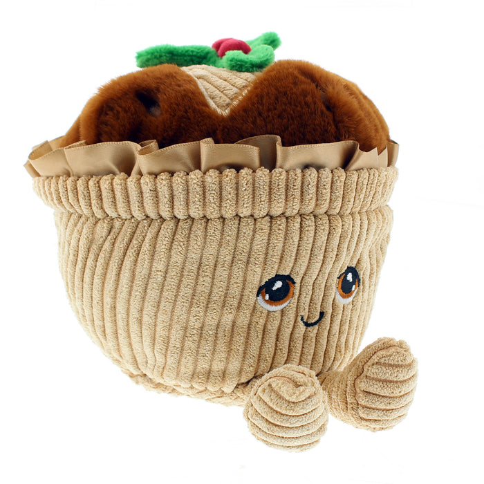 Plush toy resembling a festive mince pie with a smiley face on a white background - Image