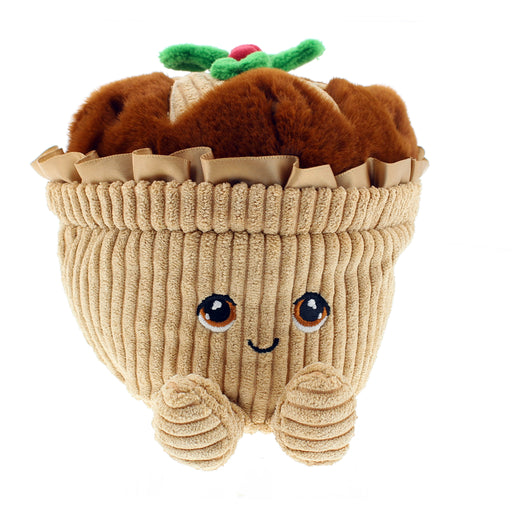 Plush toy resembling a festive mince pie with a smily face on a white background - Image