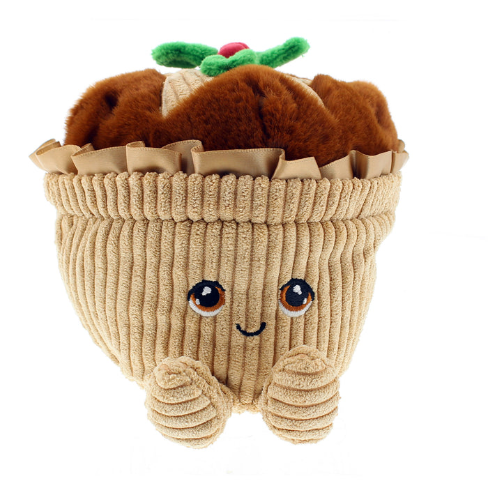 Plush toy resembling a festive mince pie with a smily face on a white background - Image