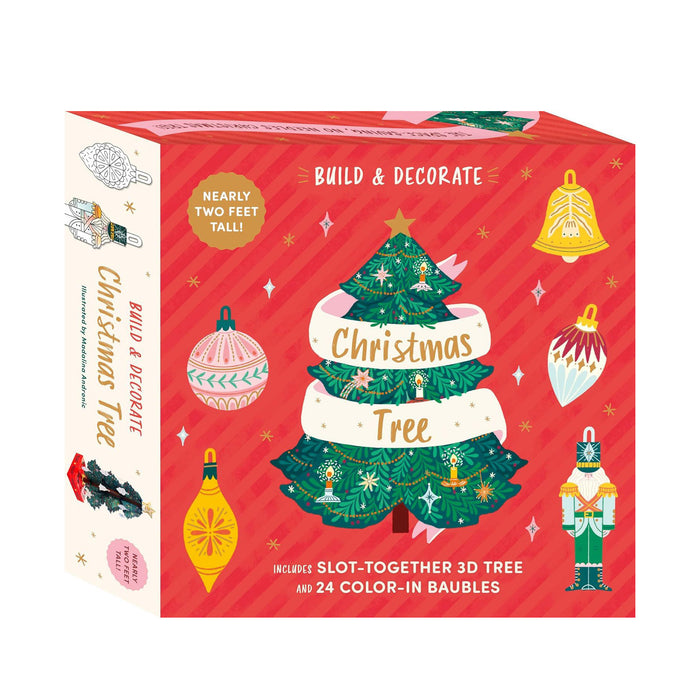 Box for a build and decorate Christmas tree kit with festive design and text on a red background. - Image