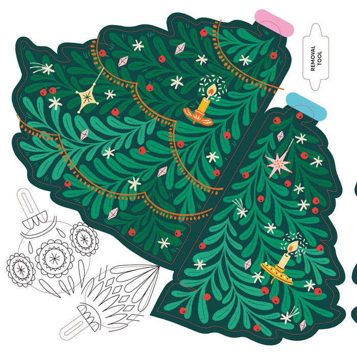 Decorative green tree-shaped cutout with festive designs on a white background - Image