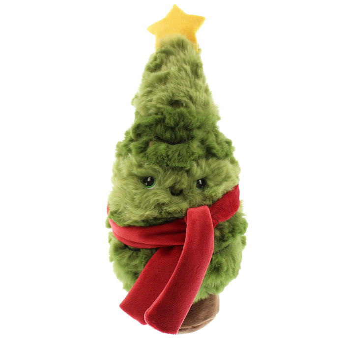 A plush Christmas tree toy with shaggy green fur, a red scarf, and a yellow star on top, shown against a plain white background. - Image
