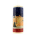 A cylindrical Christmas candle with a printed winter scene featuring a castle under a snowy night sky, with a red band at the bottom reading 'Merry Christmas' in gold script. The candle itself is off-white at the top and bottom. - Image