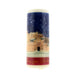 A cylindrical Christmas candle with a printed winter scene featuring a castle under a dark blue snowy night sky, with cream-colored top and bottom bands and a red band at the bottom. - Image