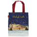 A canvas tote bag featuring a printed winter scene of Edinburgh Castle under a snowy dark blue sky, with gold 'Edinburgh Castle' text and red handles. - Image