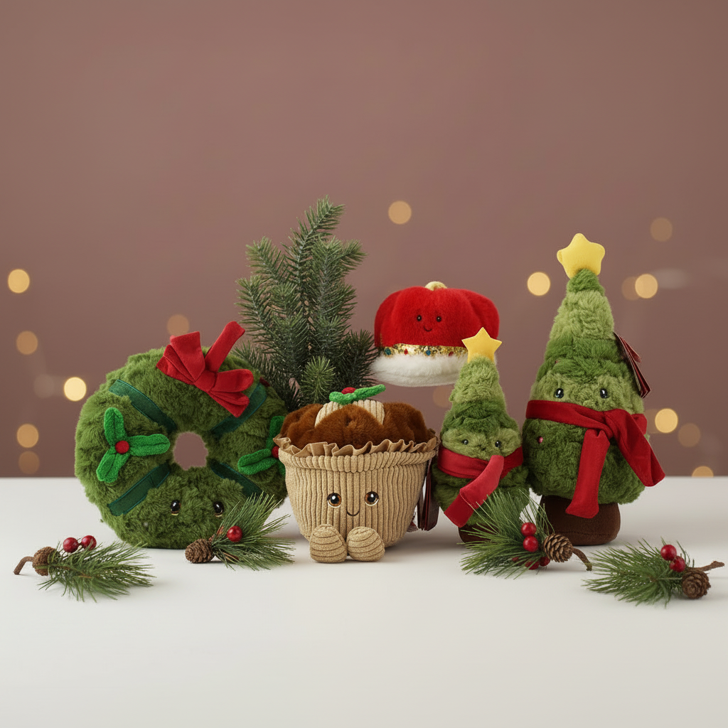A group of Christmas-themed plush toys arranged on a white surface against a warm brown background with soft golden bokeh lights. The set includes a green wreath plush with a red bow, a cupcake plush with brown frosting and a red cherry on top, a small green Christmas tree plush with a red ribbon and yellow star, and another small tree plush with a red bow and yellow star. - Image