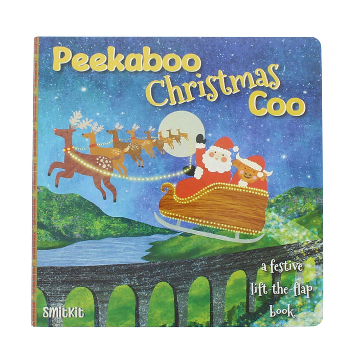 Peekaboo Christmas Coo lift-the-flap board book by Smikit, featuring a festive illustration of Santa Claus and a baby reindeer in a sleigh pulled by reindeer over a bridge at night. - Image