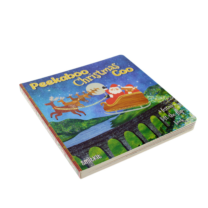 Kids board book featuring a festive Santa scene and yellow text reading 'Peekaboo Christmas Coo'.  - Image