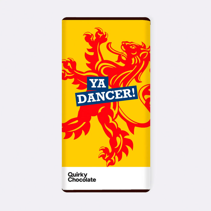 Quirky Chocolate Bar with the lion rampant and text reaing 'Ya Dancer!'. - Image