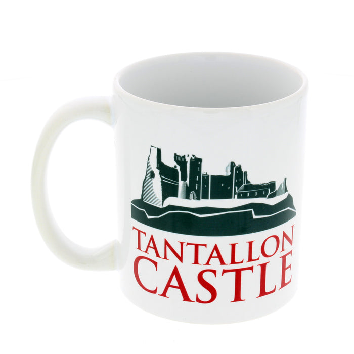 white tantallon mug with red text and illustration of tantallon castle