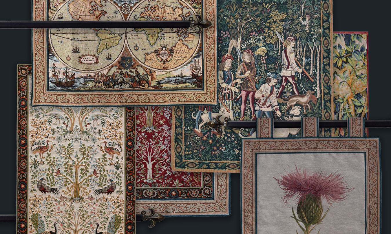 montage of traditional wall tapestries shown hanging overlaying each other