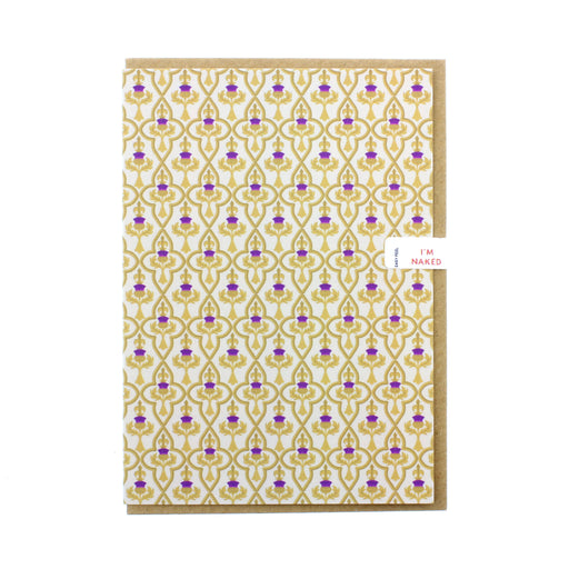 Golden and purple Thistle print greeting card with a brown envelope