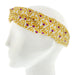 White mannequin head shows a thistle print headband in gold and purple 
