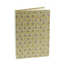 hardback notebook with thistle repeat pattern on cover in gold and purple shown slightly open with top of pages visible