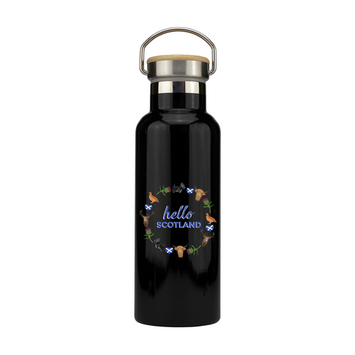 Black stainless steel water bottle with a silver and bamboo cap closure. The motif on the front features the words 'Hello Scotland' surrounded by a circular design with Scottish animals and flowers. 