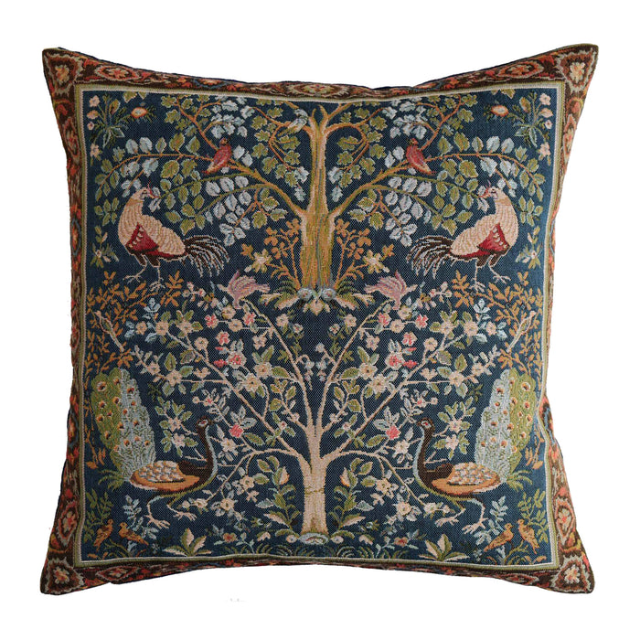 blue square tapesty cushion cover with design featuring pheasants and peacocks with a central tree of life