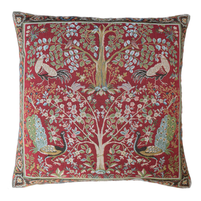 red square tapestry cushion cover with scene depicting tree of life and pheasants and peacocks to each corner in traditional style
