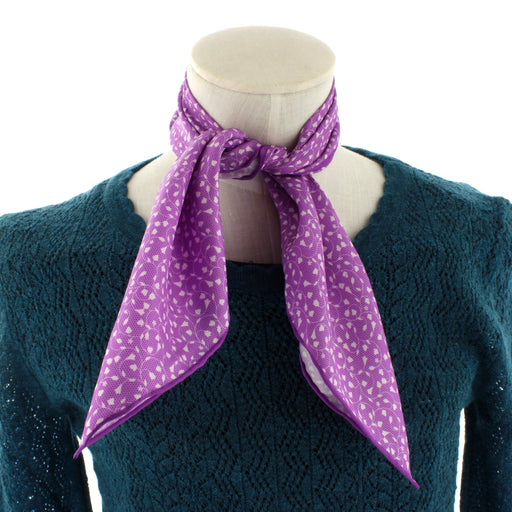 twill lace tulip design purple square scarf shown on mannequin
