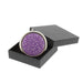 tulip design purple and metal round compact pocket mirror shown propped within black gift box