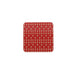 front view of square red and cream pot stand board with stylized small tulip repeat pattern