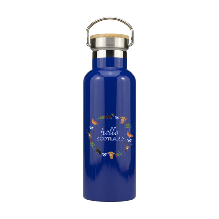 Blue stainless steel water bottle with a silver and bamboo cap closure. The motif on the front features the words 'Hello Scotland' surrounded by a circular design with Scottish animals and flowers. 