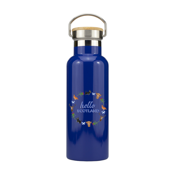 A stylish navy water bottle with 'Hello Scotland' printed on it in blue , showcasing a vibrant design inspired by Scottish culture.