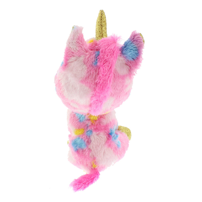 Soft pink cuddly unicorn toy with gold hooves and horn - back view