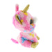 Soft pink cuddly unicorn toy with gold hooves and horn - side view