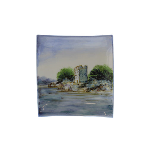 square dish with hand painting of urquhart castle and smooth glazed finish