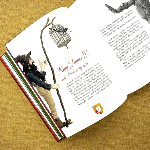 Open book with illustrations of a witch and a birdcage on a textured brown background - Image