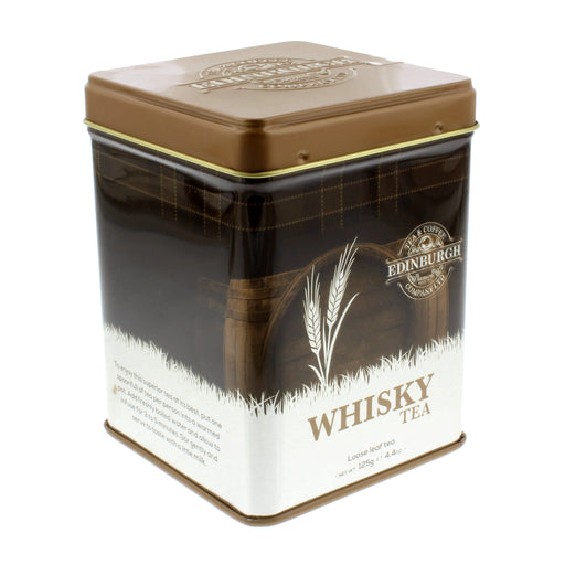 Brown and tartan tin containing a whisky blend loose leaf tea 