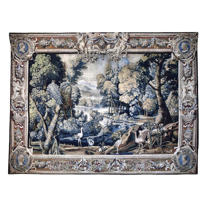 Large decorative wall tapestry showing a woodland scene with birds in the foreground