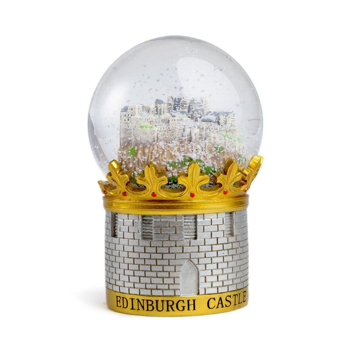 Edinburgh Castle Snow Globe with round metallic base  and relief detailing in the shape of crown and the words Edinburgh Castle to the circumference of the bottom