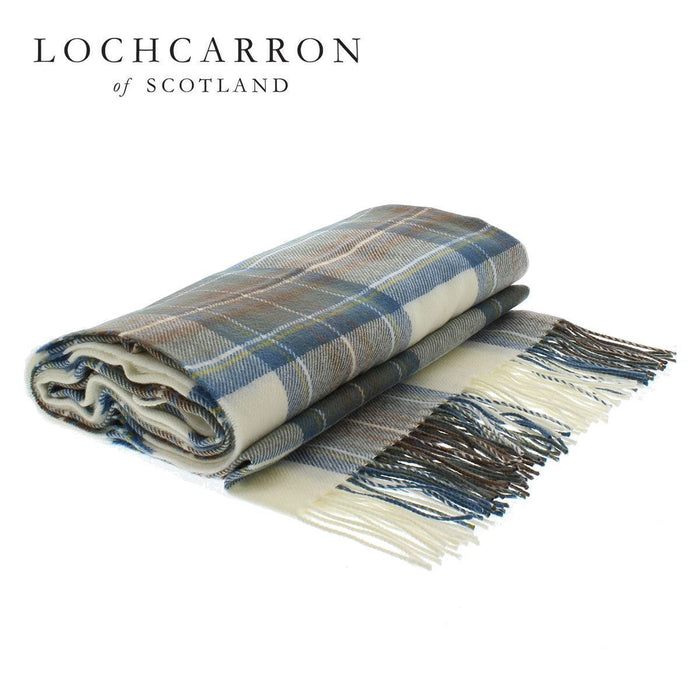 stewart blue tartan wool throw shown folded with lochcarron logo in top left corner of image